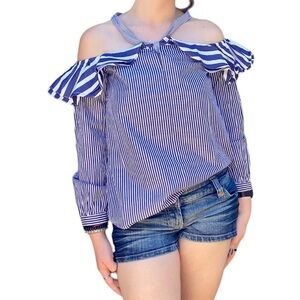 J. Crew Women Top Tunic Long Sleeve Blouse Shirt Size 0 S Stripes Blue White